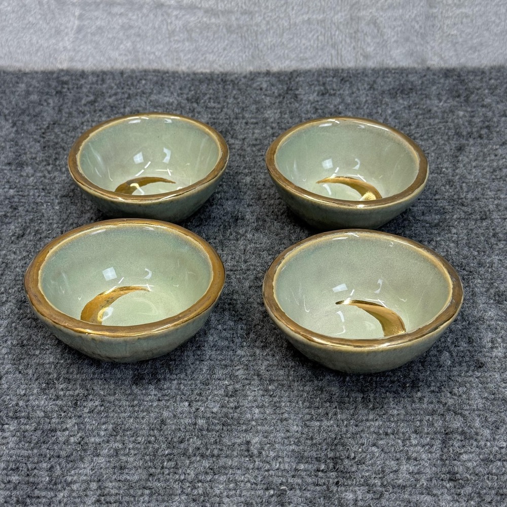 Becker Art Studio Bowl SET OF 4 Green Gold Crescent Moon 4" Art Pottery Sauce